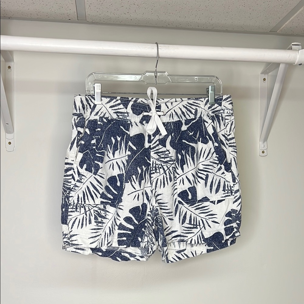 Nautica Blue & White Linen Blend Palm Print Shorts w/ Elastic Waist Drawstring-M